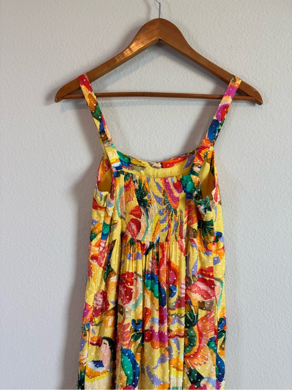 Farm Rio Toucan Yellow Swiss Dot Textured Tropical Tiered Maxi Dress Size Small - Picture 6 of 11